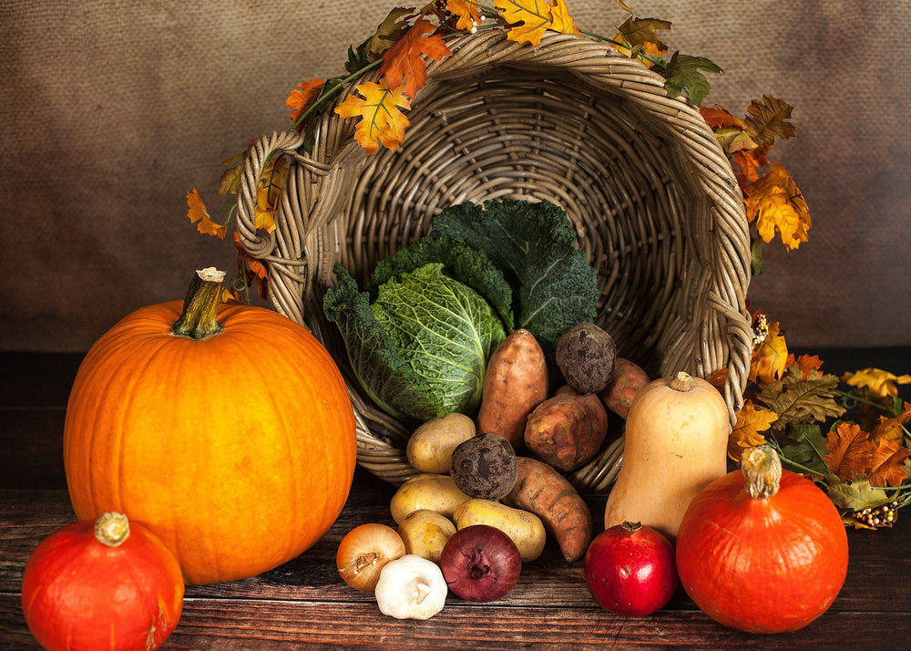 Autmunal vegetables with harvest basket