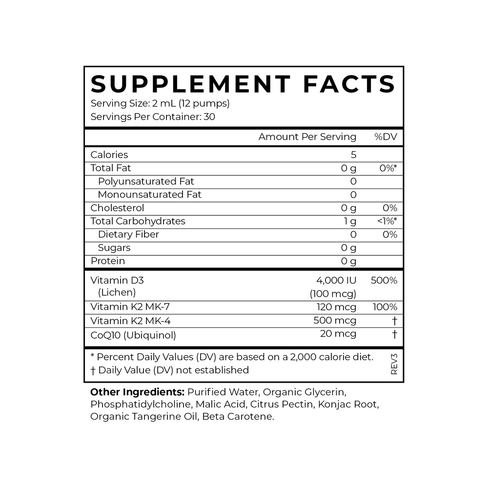 
                  
                    Vitamin D3 + K2 + CoQ10 Supplement Facts
                  
                